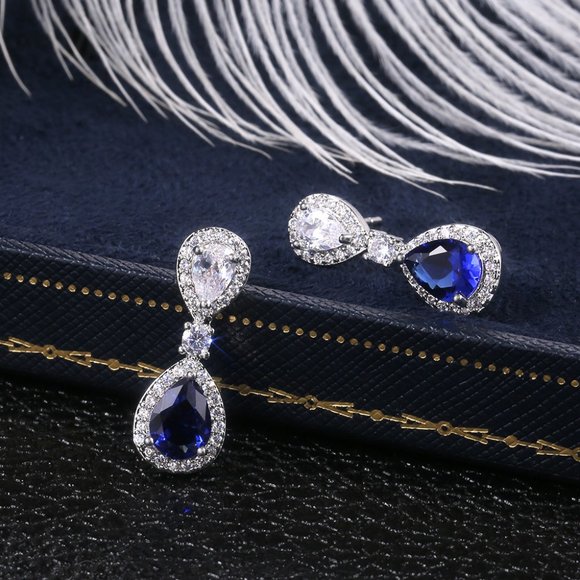 NEW Silver Blue Teardrop Sapphire Diamond Earrings - Picture 5 of 7